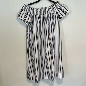 Marine Layer Valeria Off The Shoulder blue & white Cotton Striped Mini Dress